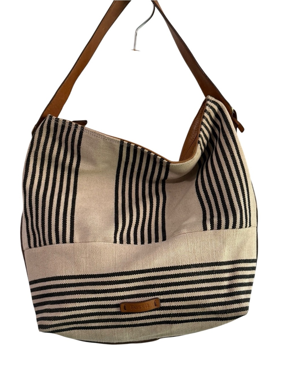 Fossil Striped Canvas Hobo Bag Leather Trim Cream Black Shoulder‎ Bag Brass Key
